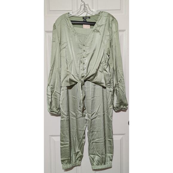 Fashion Satin Outfit Womens XXL Green Long Sleeve Button Top & Jogger Pant Set - Picture 5 of 14